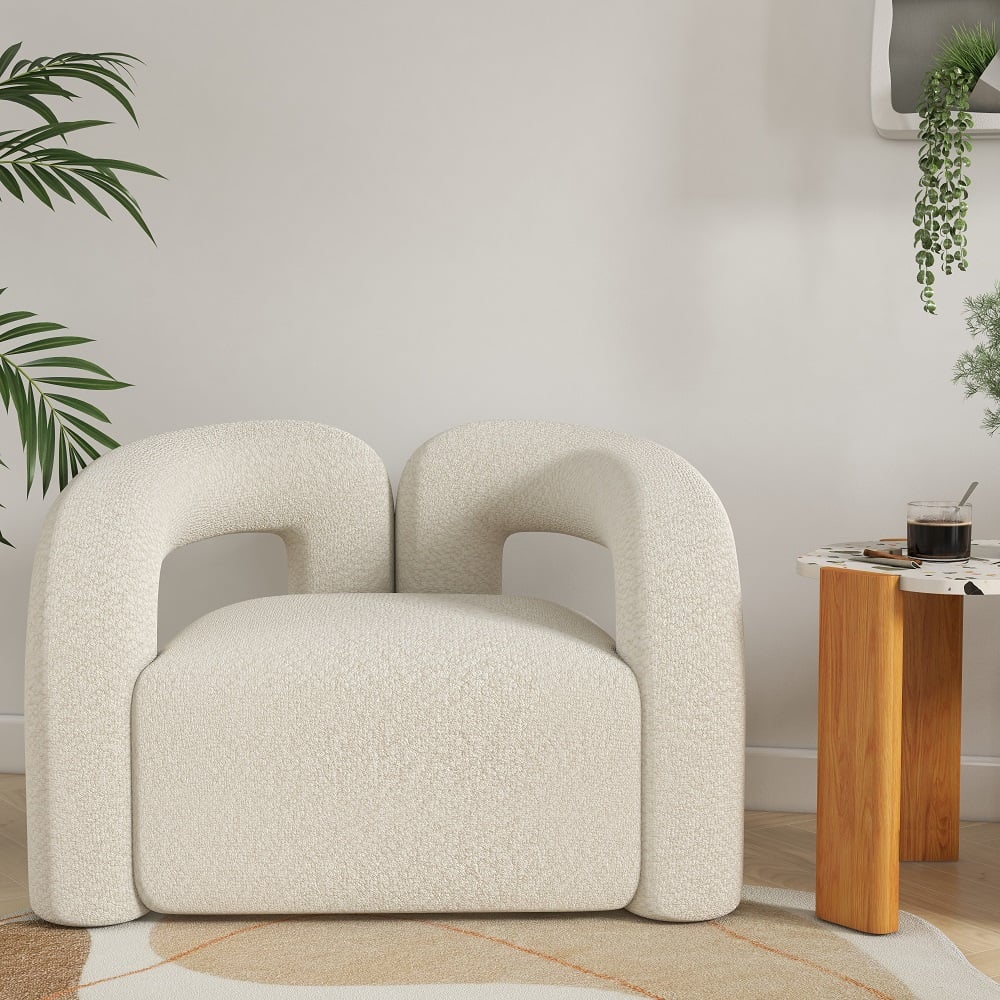HMR Japandi Boucle Accent Chair Shaggy Armchair for Living Room - White