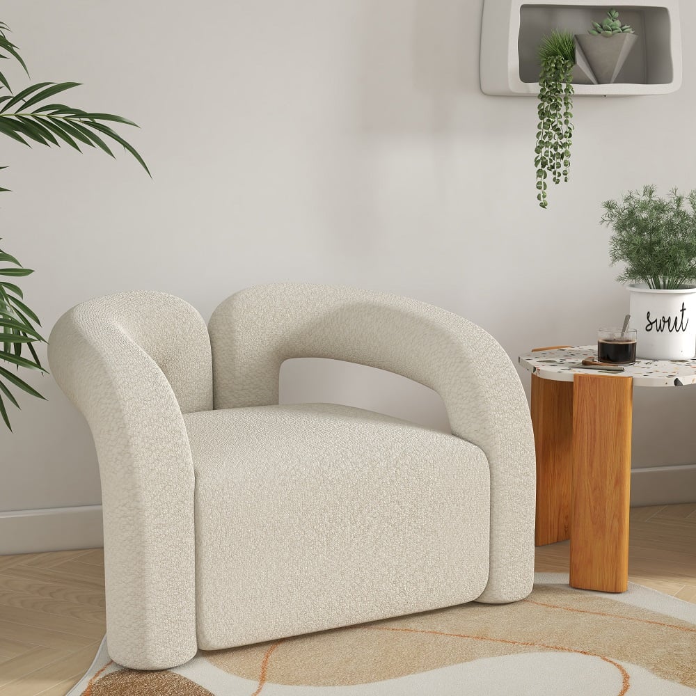 HMR Japandi Boucle Accent Chair Shaggy Armchair for Living Room - White