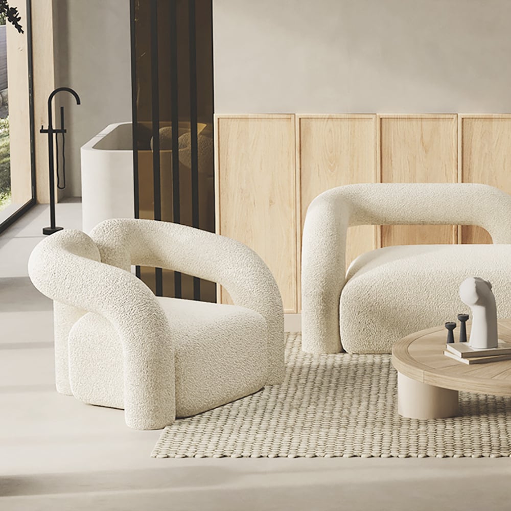 HMR Japandi Boucle Accent Chair Shaggy Armchair for Living Room - White