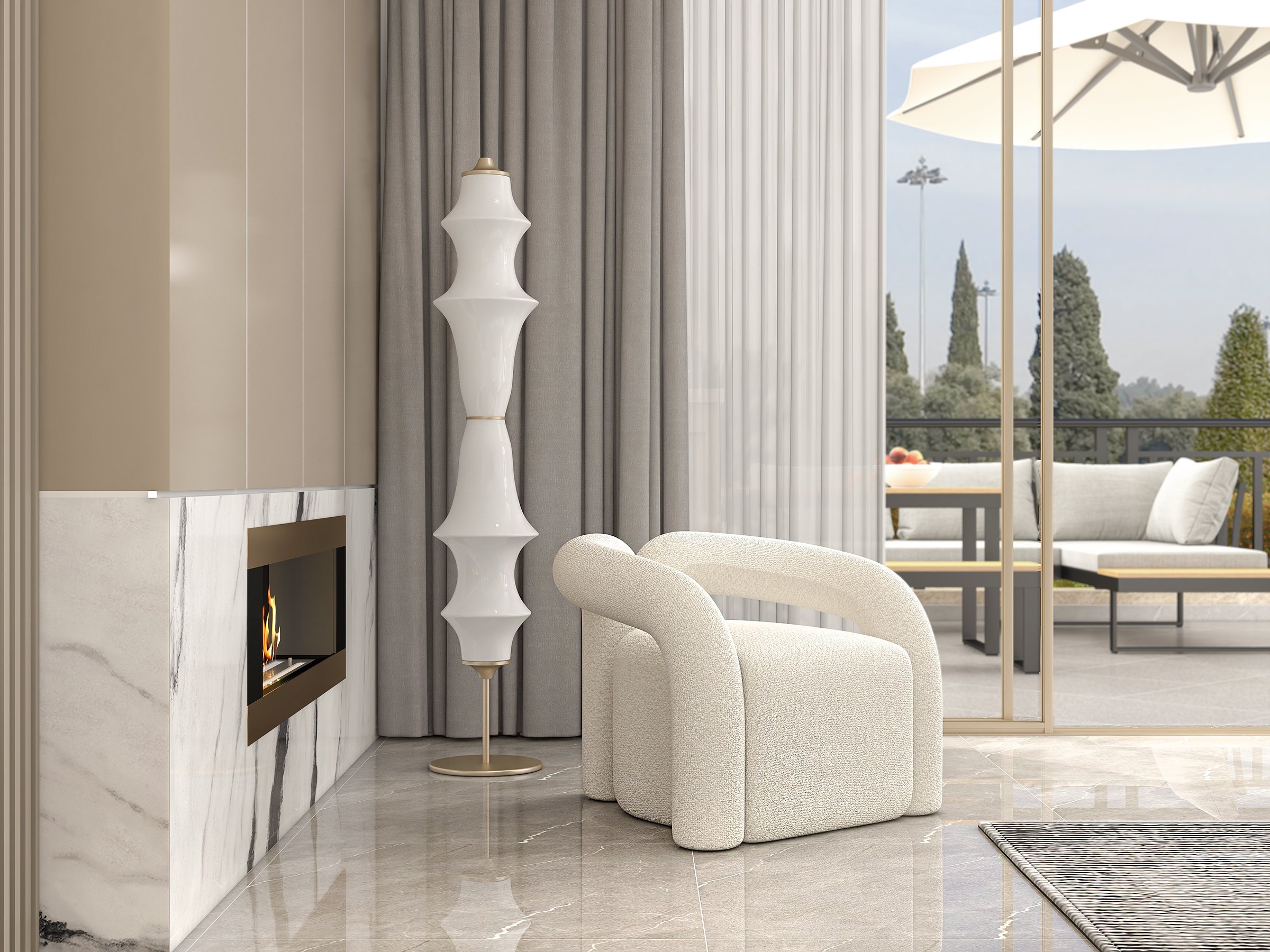 HMR Japandi Boucle Accent Chair Shaggy Armchair for Living Room - White