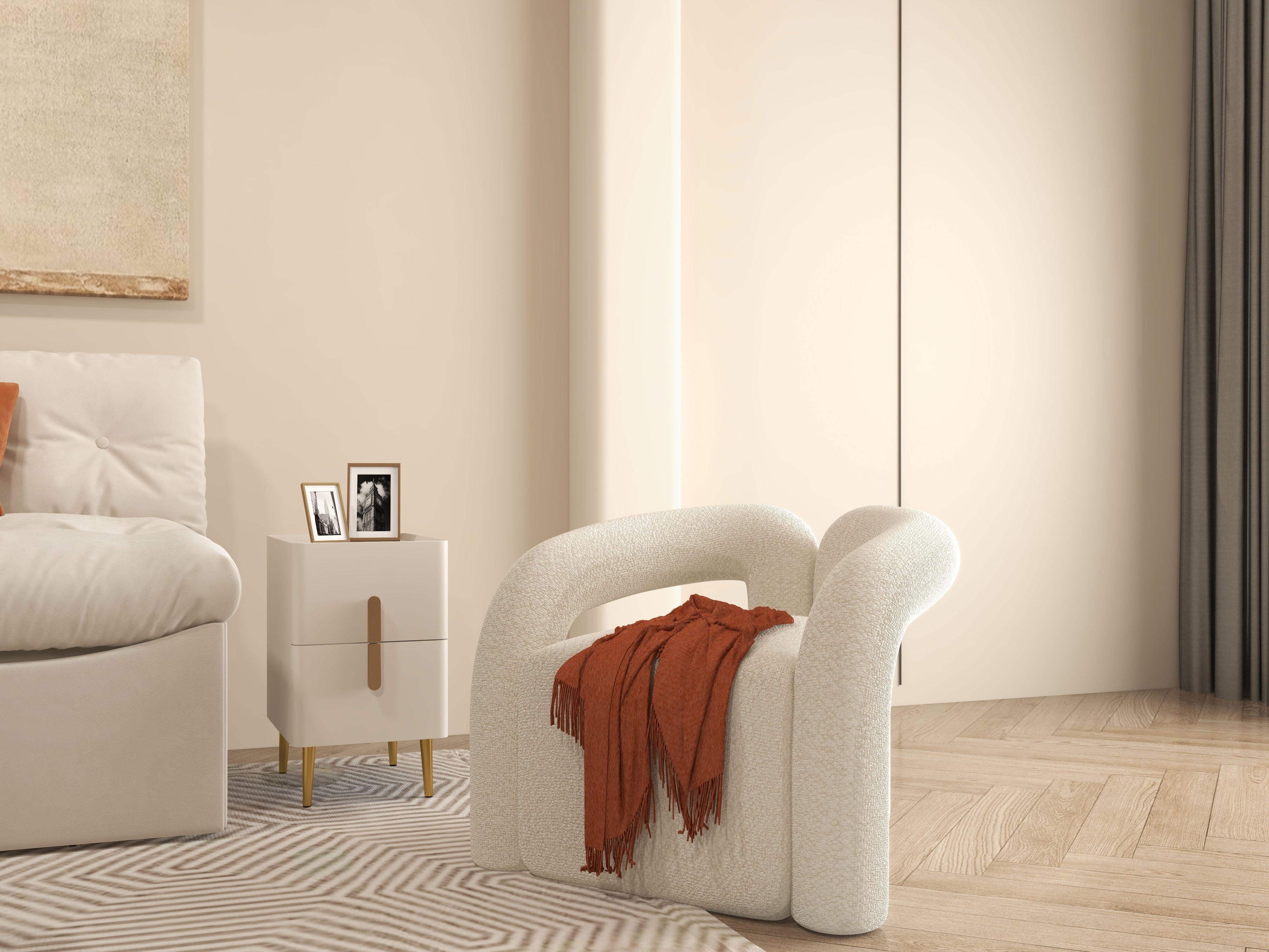 HMR Japandi Boucle Accent Chair Shaggy Armchair for Living Room - White