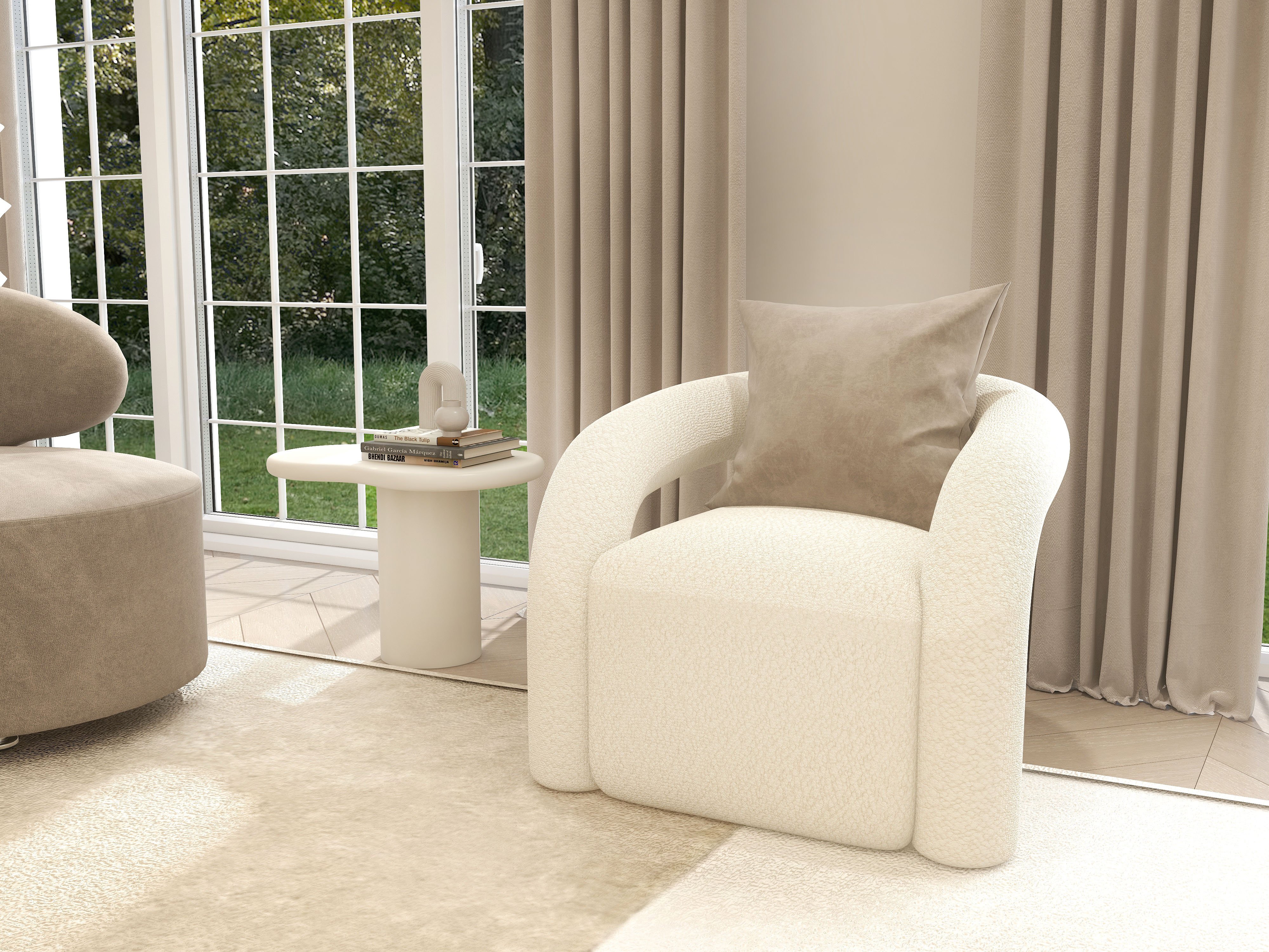 HMR Japandi Boucle Accent Chair Shaggy Armchair for Living Room - White
