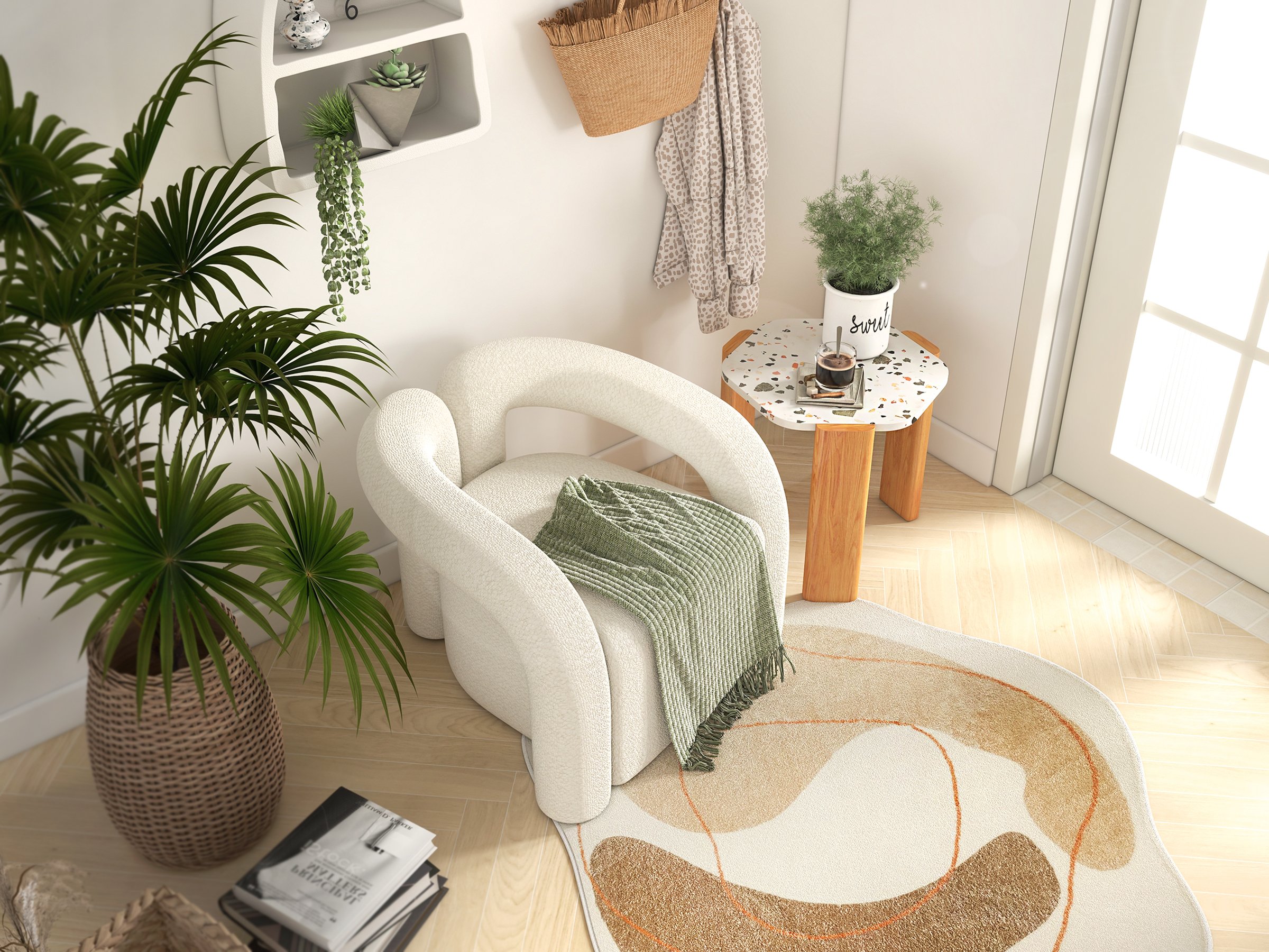 HMR Japandi Boucle Accent Chair Shaggy Armchair for Living Room - White