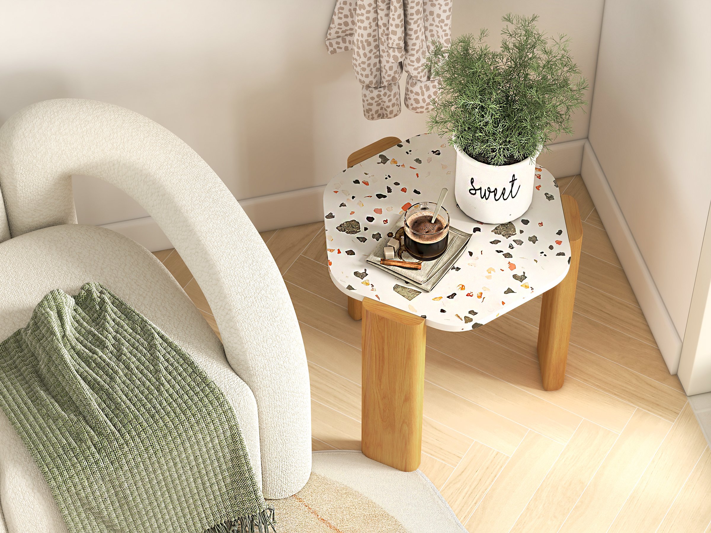 HMR Japandi Boucle Accent Chair Shaggy Armchair for Living Room - White