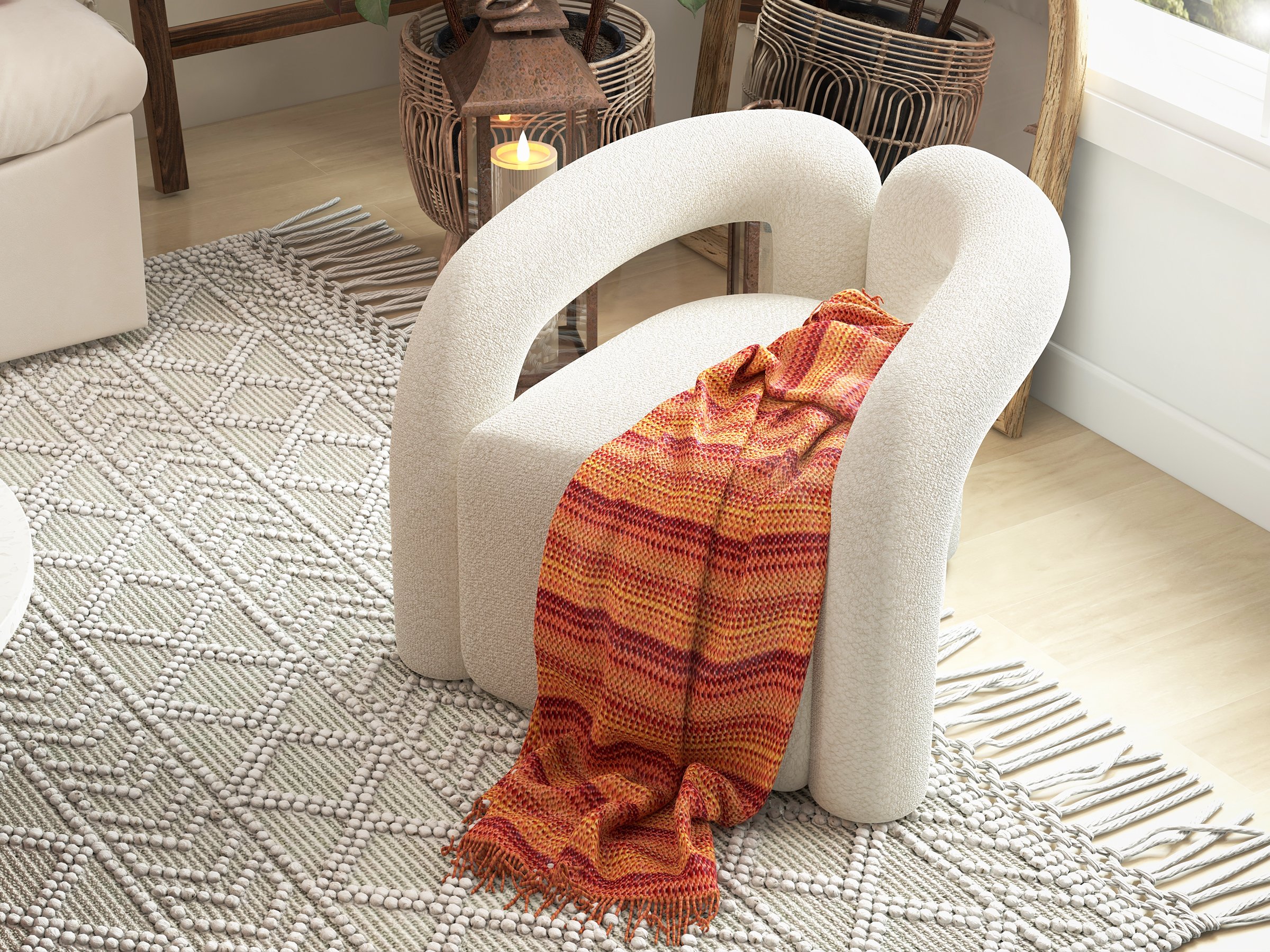 HMR Japandi Boucle Accent Chair Shaggy Armchair for Living Room - White