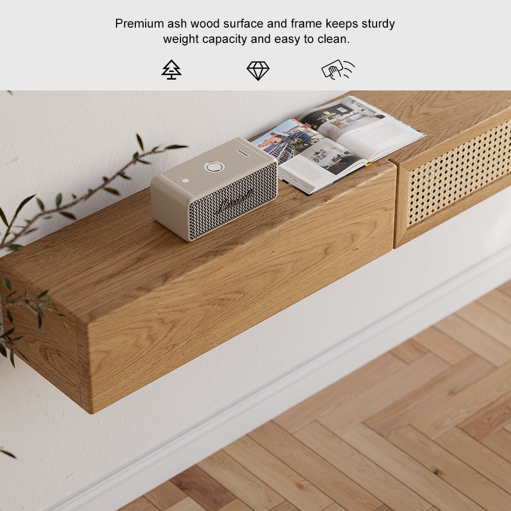 HMR - 70" Walnut Ash Wood Floating Rattan TV Stand Wall Mount Cane Flip Storage Living Room