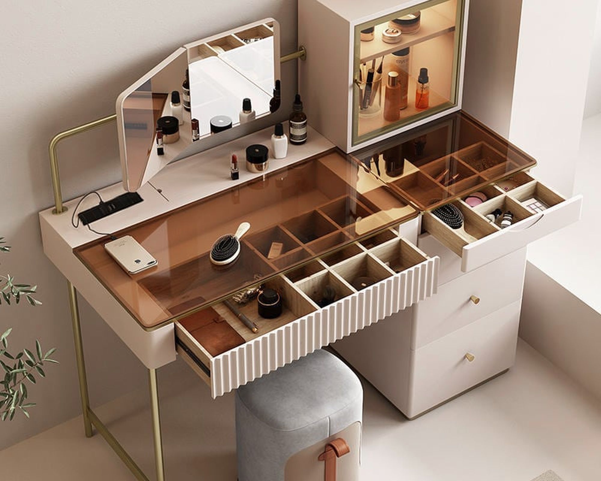 HMR Chanor Makeup Vanity Set Mirrored Dressing Table with Jewelry Storage & Cabinet & Stool - Champagne