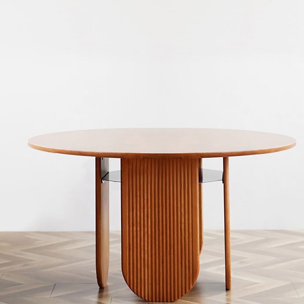 HMR - 35.4" Japandi Round Wood Dining Table with Storage Cherry Seats 2-4 People