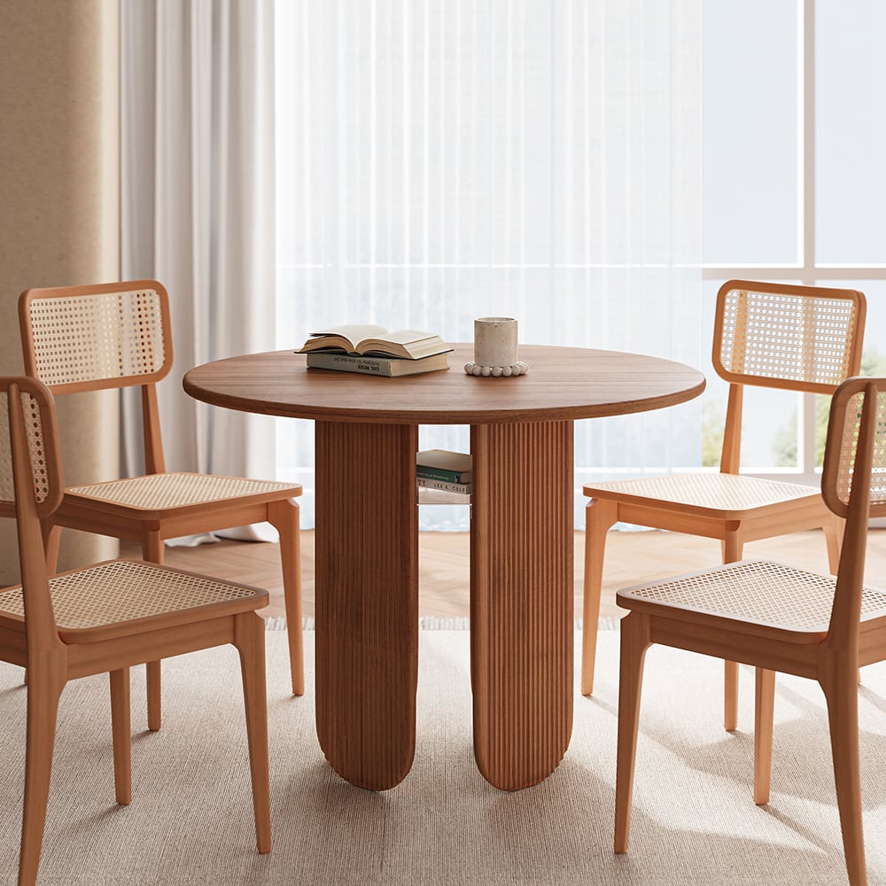 HMR - 35.4" Japandi Round Wood Dining Table with Storage Cherry Seats 2-4 People