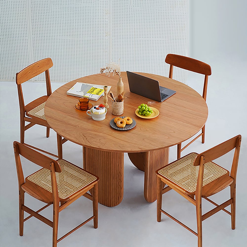 HMR - 35.4" Japandi Round Wood Dining Table with Storage Cherry Seats 2-4 People