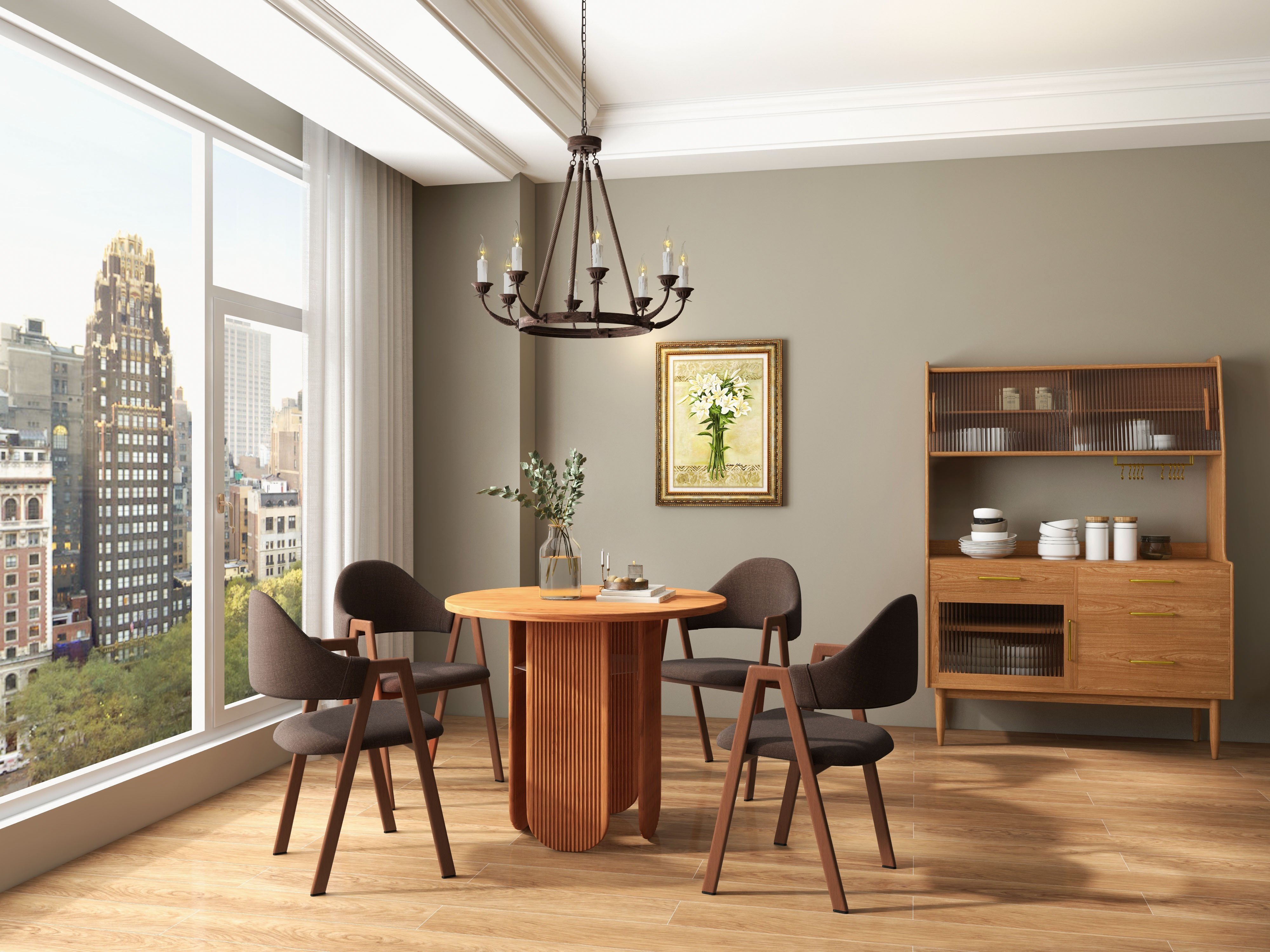 HMR - 35.4" Japandi Round Wood Dining Table with Storage Cherry Seats 2-4 People