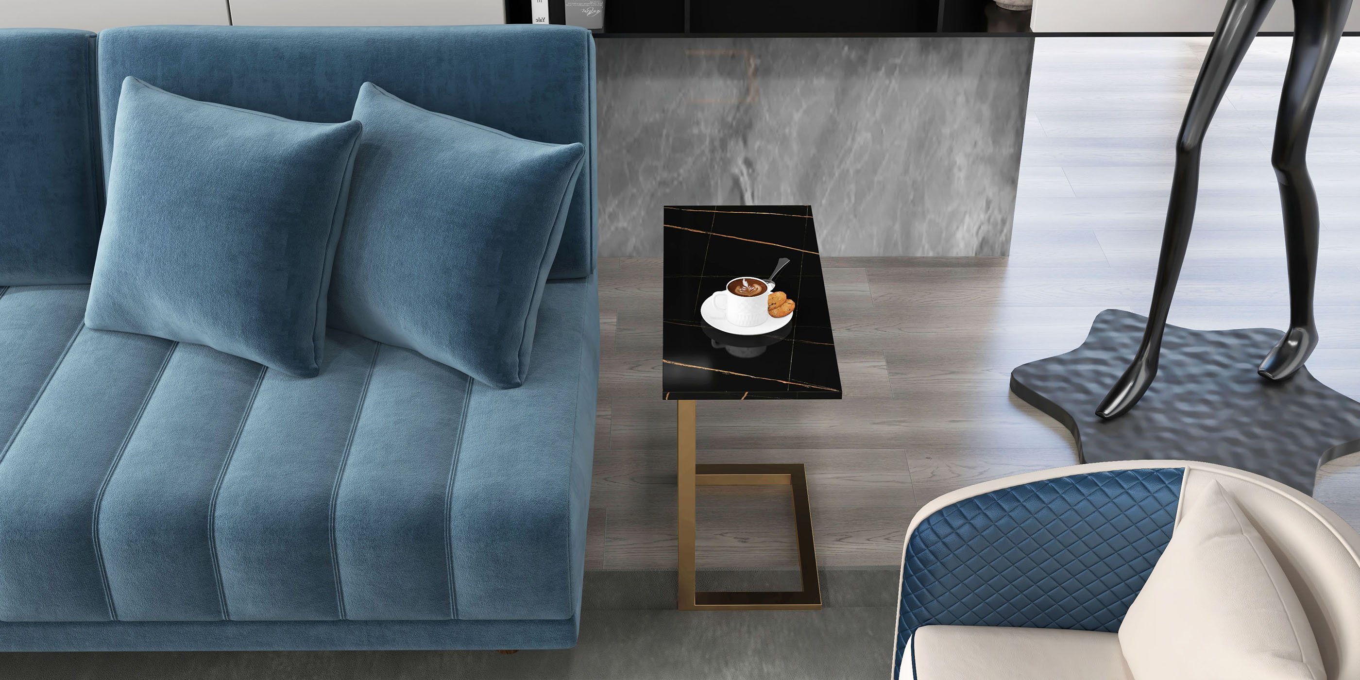 HMR 126" L-Shaped Modular Sectional with Chaise & Ottoman - Blue, Velvet