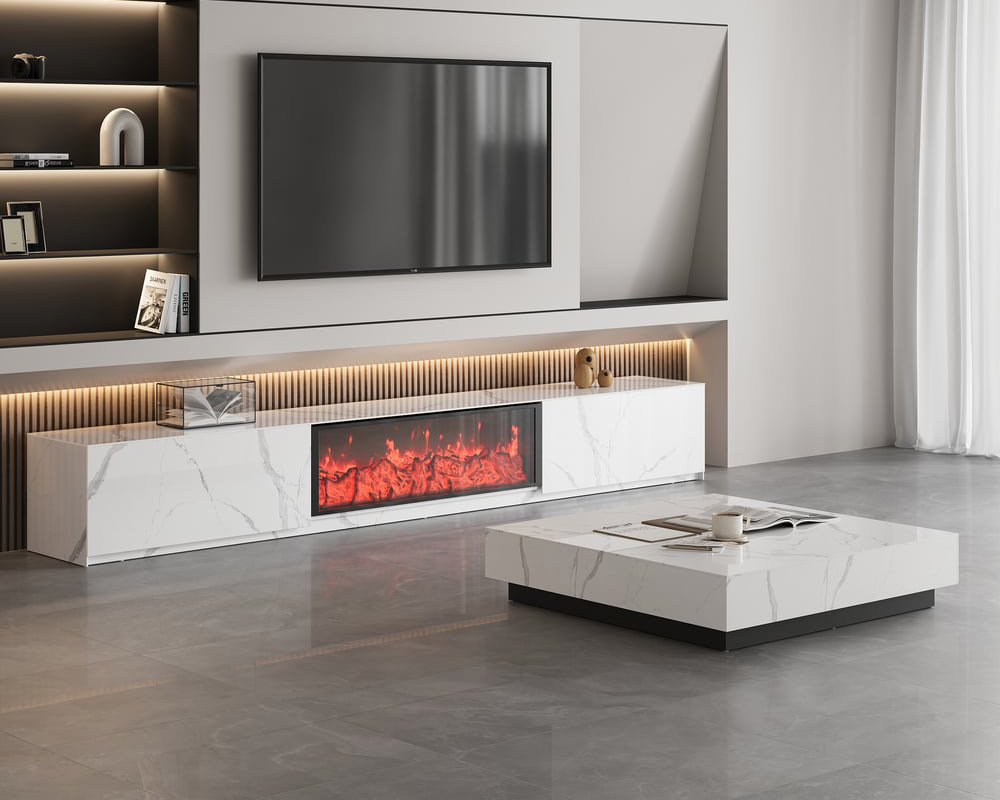HMR Sintered Stone Electric Fireplace TV Stand & Coffee Table Set - White, 78.7"W x 15.4"D x 15.4"H