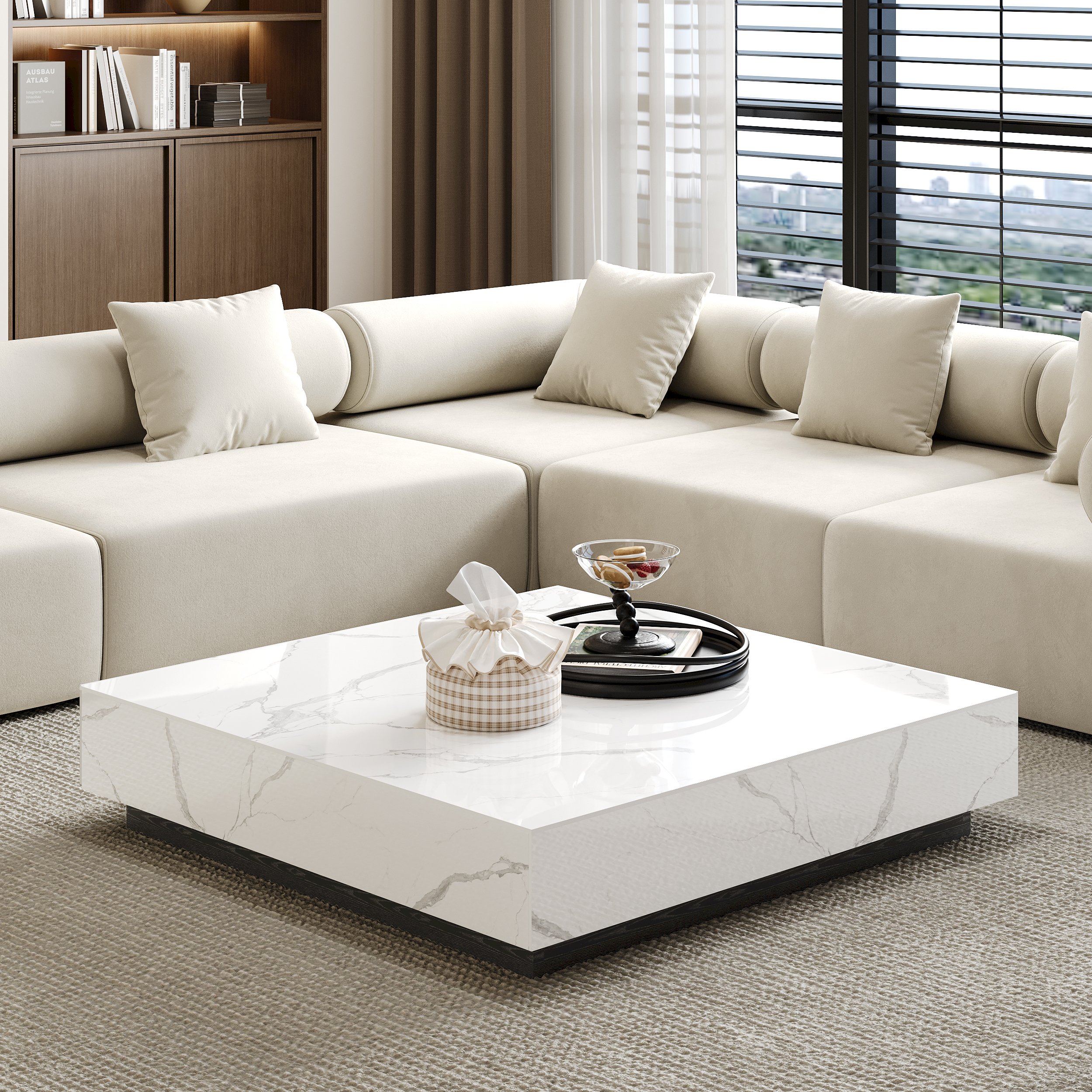 HMR Sintered Stone Electric Fireplace TV Stand & Coffee Table Set - White, 78.7"W x 15.4"D x 15.4"H