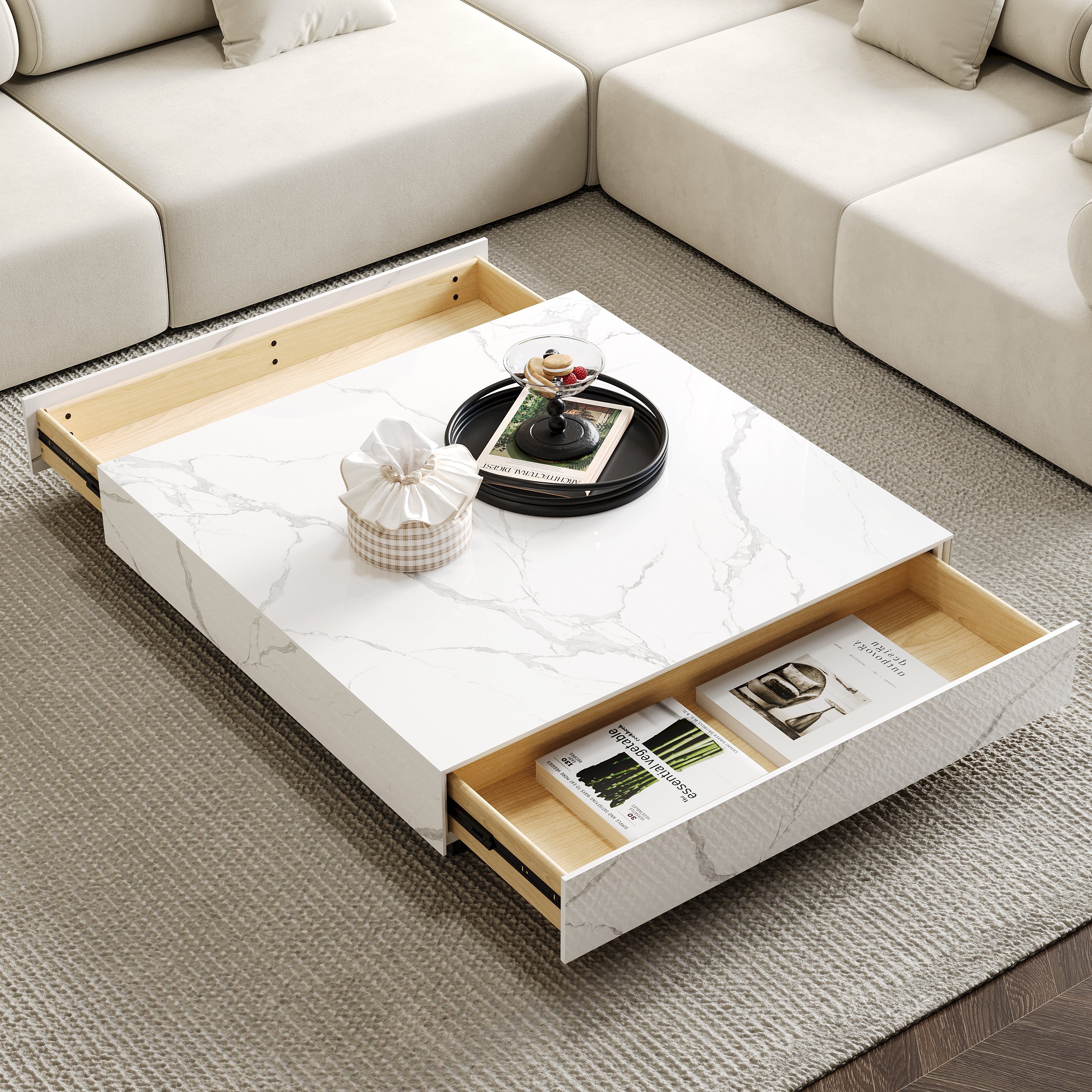 HMR Sintered Stone Electric Fireplace TV Stand & Coffee Table Set - White, 78.7"W x 15.4"D x 15.4"H