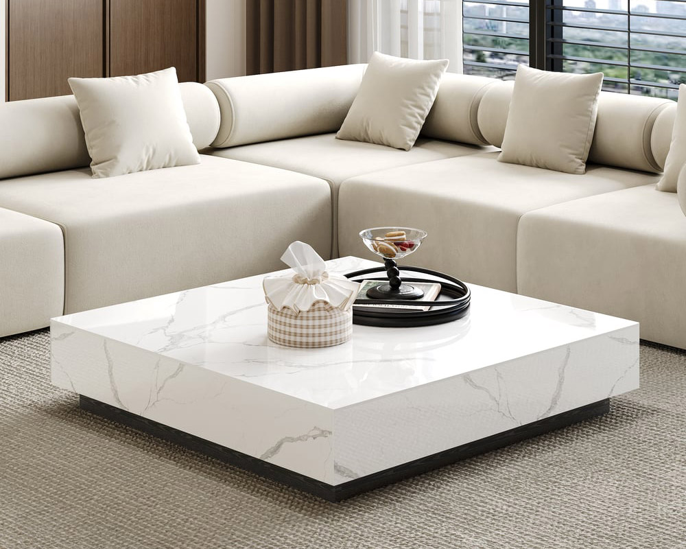 HMR Sintered Stone Electric Fireplace TV Stand & Coffee Table Set - White, 78.7"W x 15.4"D x 15.4"H