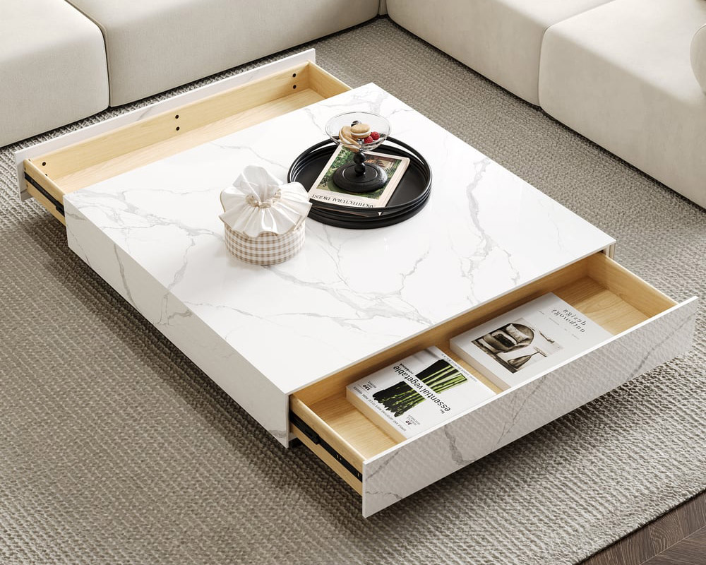 HMR Sintered Stone Electric Fireplace TV Stand & Coffee Table Set - White, 78.7"W x 15.4"D x 15.4"H