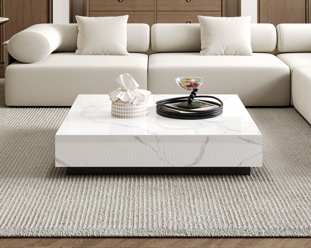 HMR Sintered Stone Electric Fireplace TV Stand & Coffee Table Set - White, 78.7"W x 15.4"D x 15.4"H