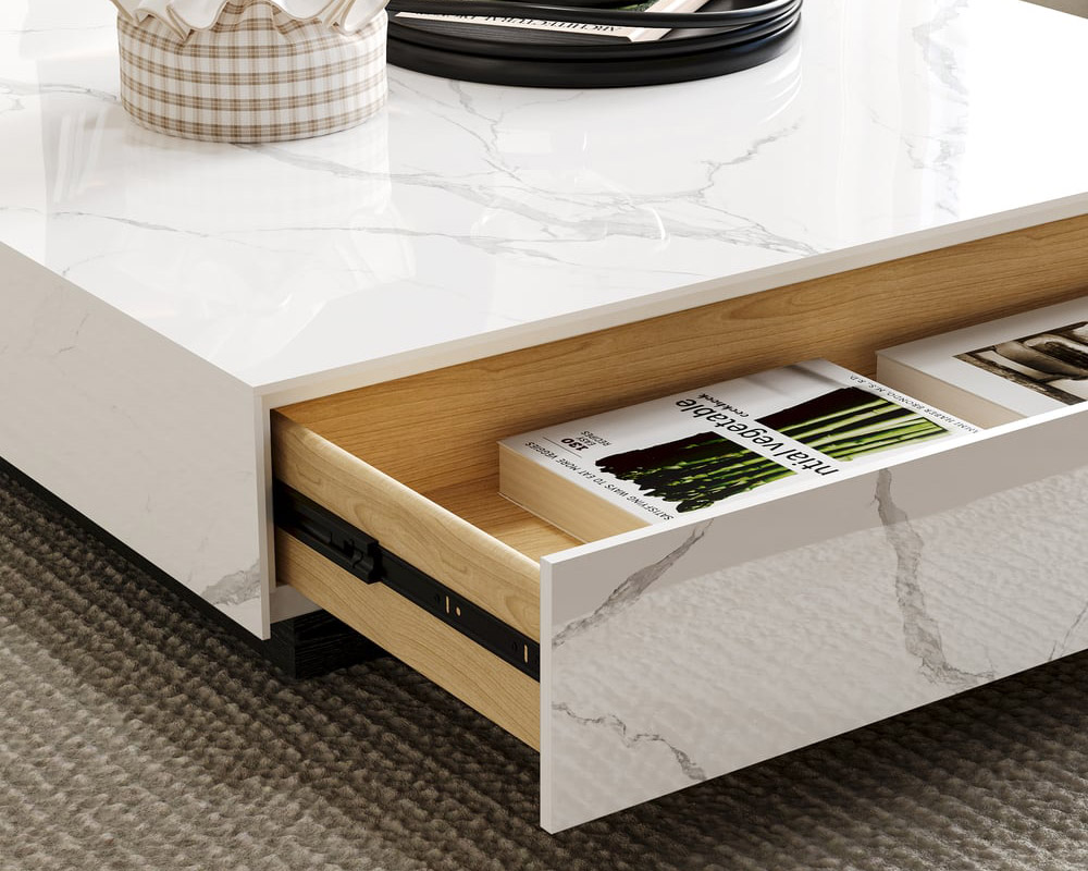 HMR Sintered Stone Electric Fireplace TV Stand & Coffee Table Set - White, 78.7"W x 15.4"D x 15.4"H