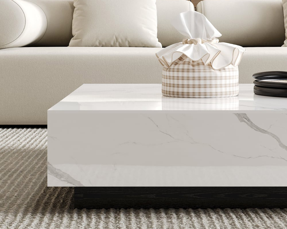 HMR Sintered Stone Electric Fireplace TV Stand & Coffee Table Set - White, 78.7"W x 15.4"D x 15.4"H