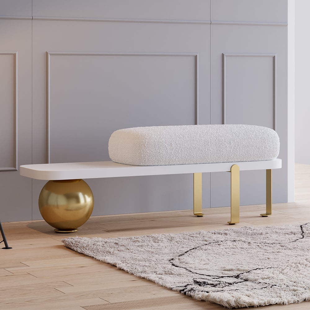 HMR Wooden Entryway Bench Fleece Upholstered with Abstract Metal Legs - White/Gold