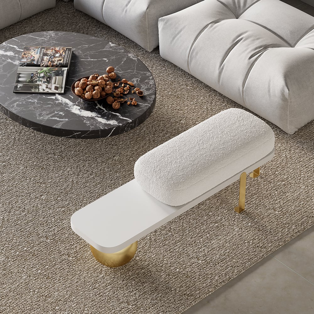 HMR Wooden Entryway Bench Fleece Upholstered with Abstract Metal Legs - White/Gold