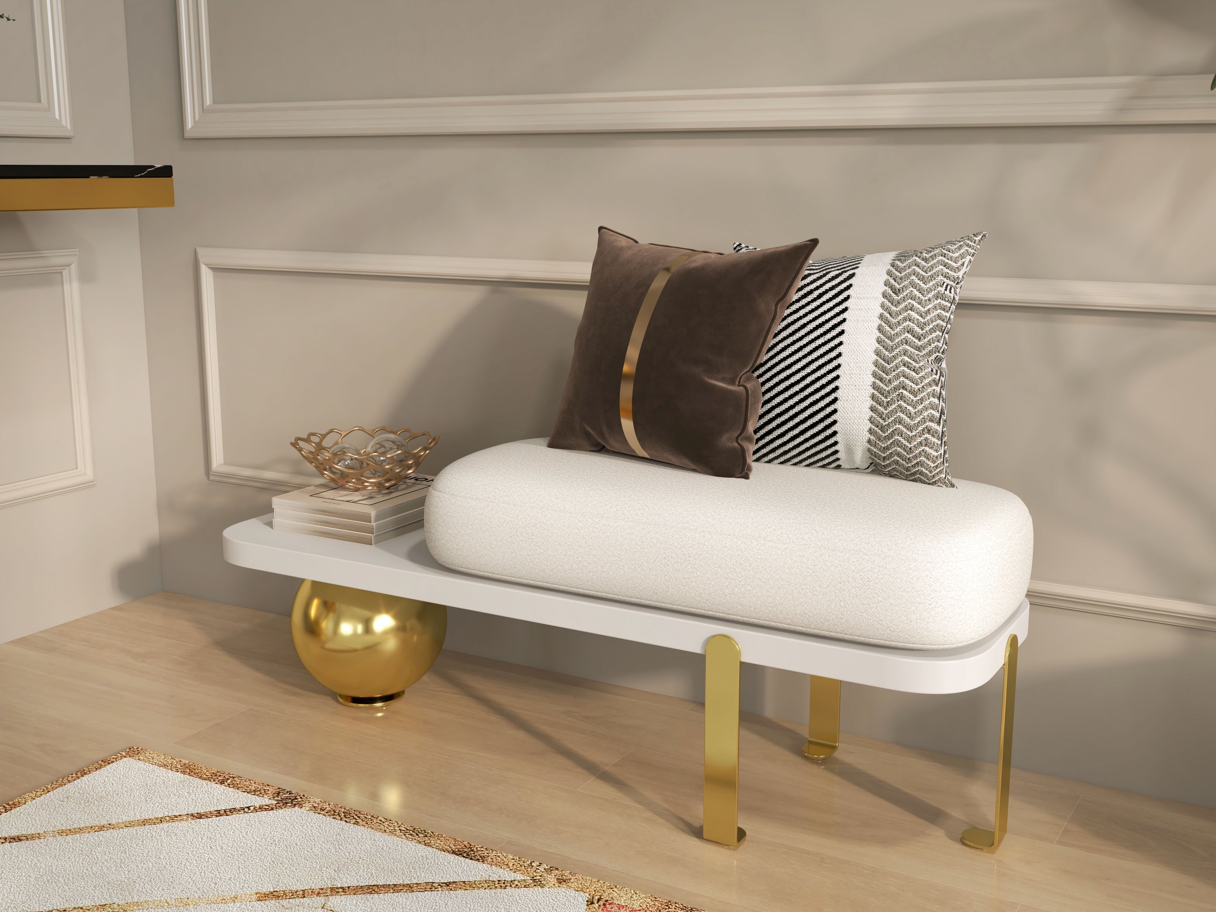 HMR Wooden Entryway Bench Fleece Upholstered with Abstract Metal Legs - White/Gold