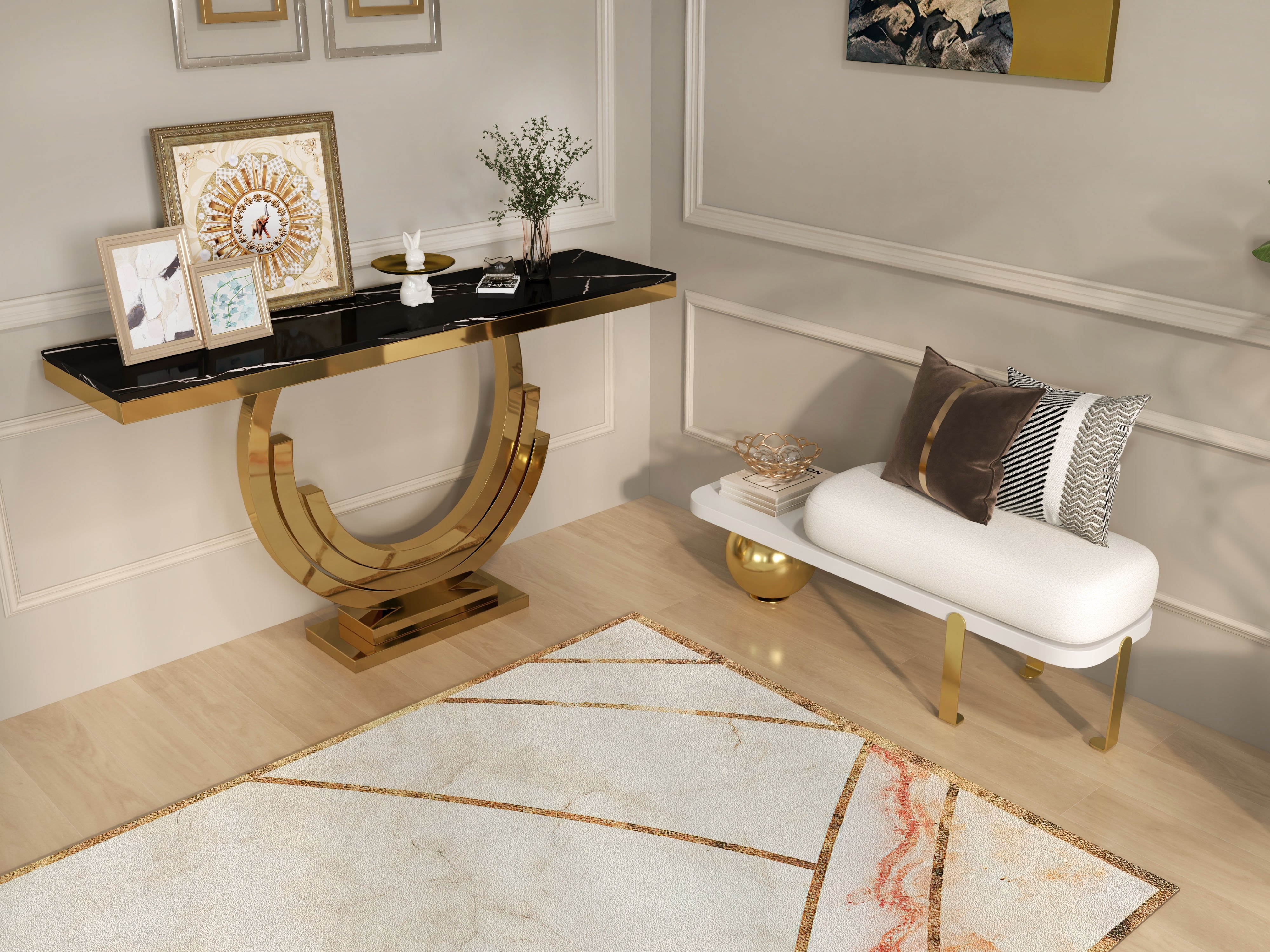 HMR Wooden Entryway Bench Fleece Upholstered with Abstract Metal Legs - White/Gold