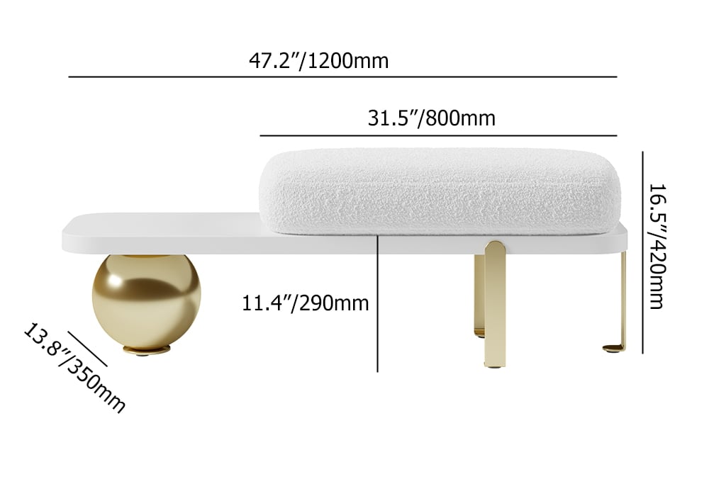HMR Wooden Entryway Bench Fleece Upholstered with Abstract Metal Legs - White/Gold