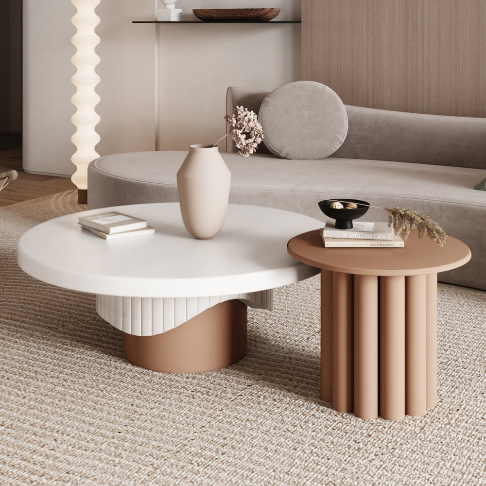 HMR - Yarnic 2-Piece Round Wood Coffee Table Set with Fluted Base in White & Walnut
