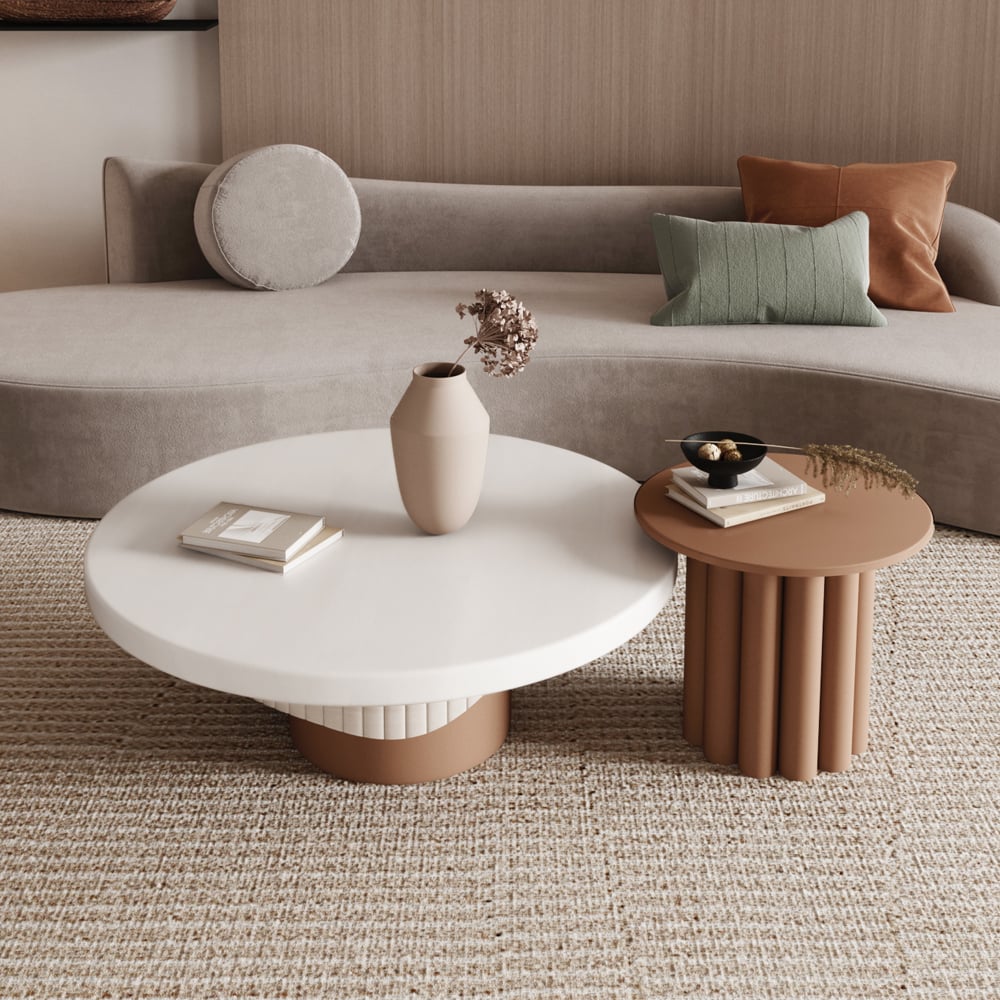 HMR - Yarnic 2-Piece Round Wood Coffee Table Set with Fluted Base in White & Walnut