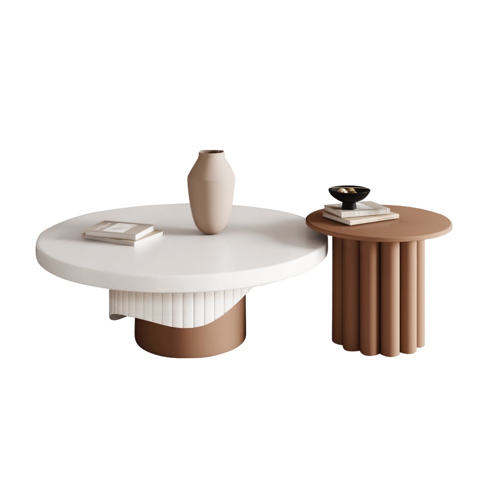 HMR - Yarnic 2-Piece Round Wood Coffee Table Set with Fluted Base in White & Walnut