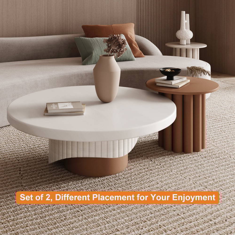 HMR - Yarnic 2-Piece Round Wood Coffee Table Set with Fluted Base in White & Walnut