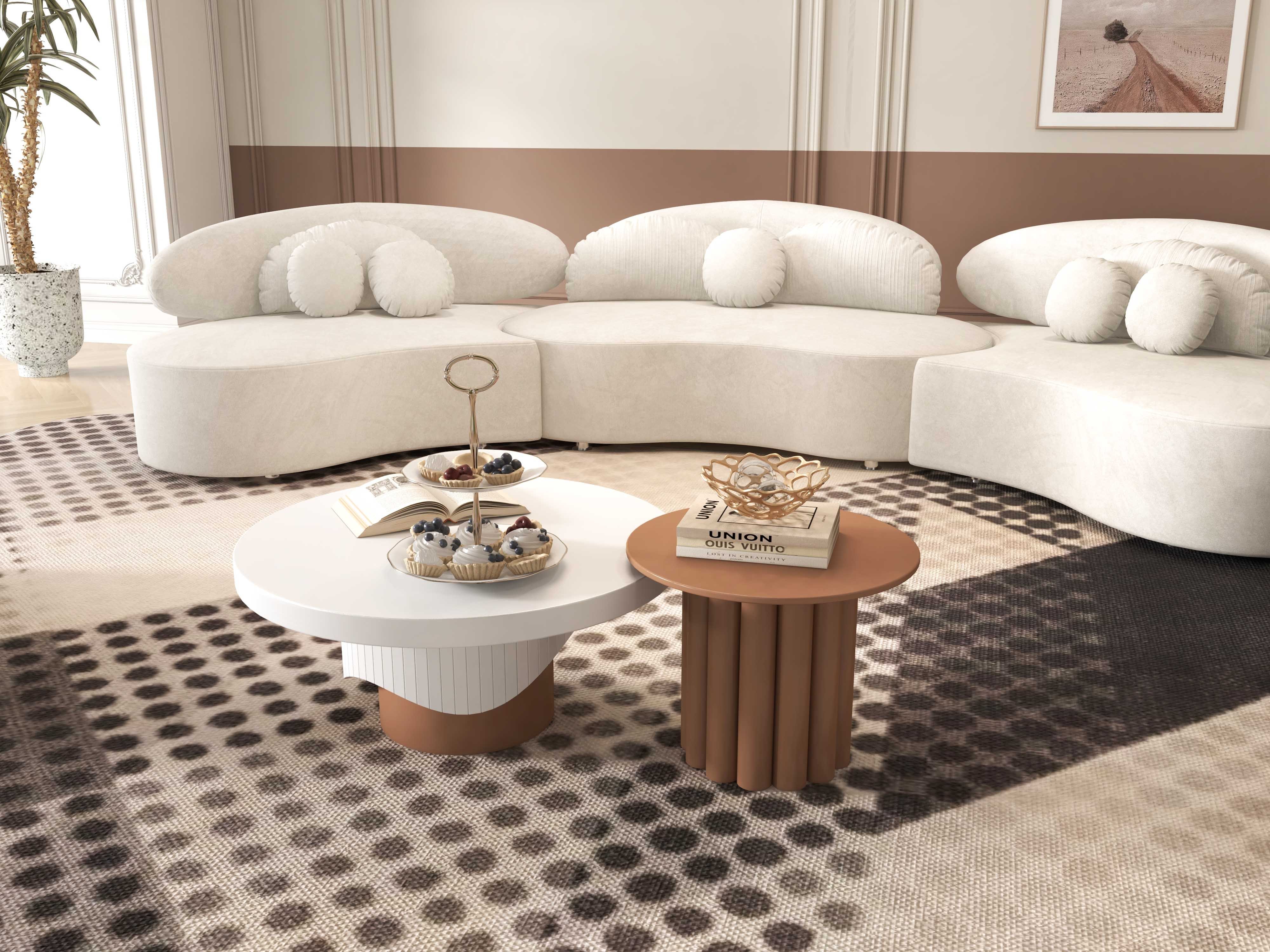 HMR - Yarnic 2-Piece Round Wood Coffee Table Set with Fluted Base in White & Walnut