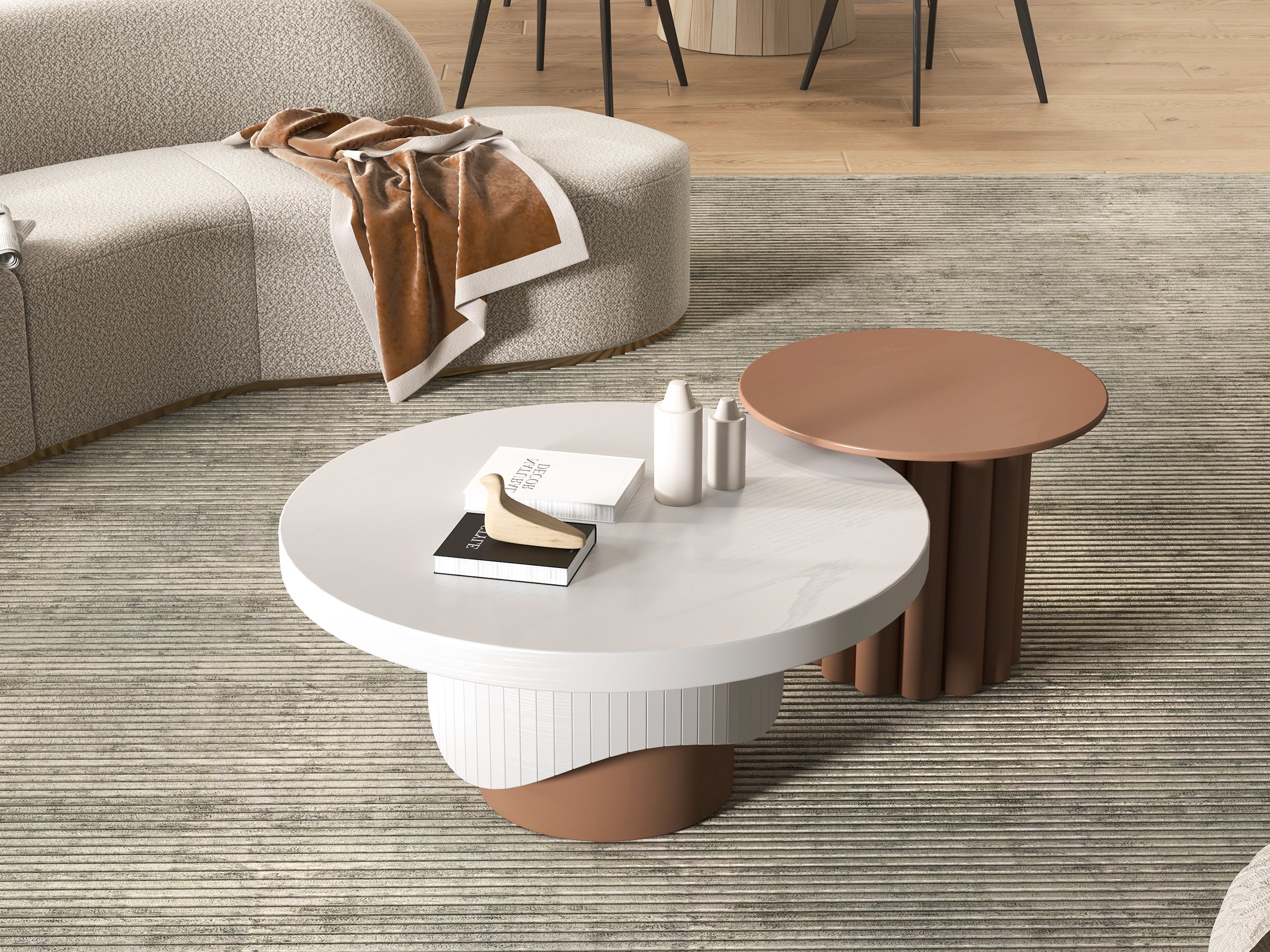 HMR - Yarnic 2-Piece Round Wood Coffee Table Set with Fluted Base in White & Walnut