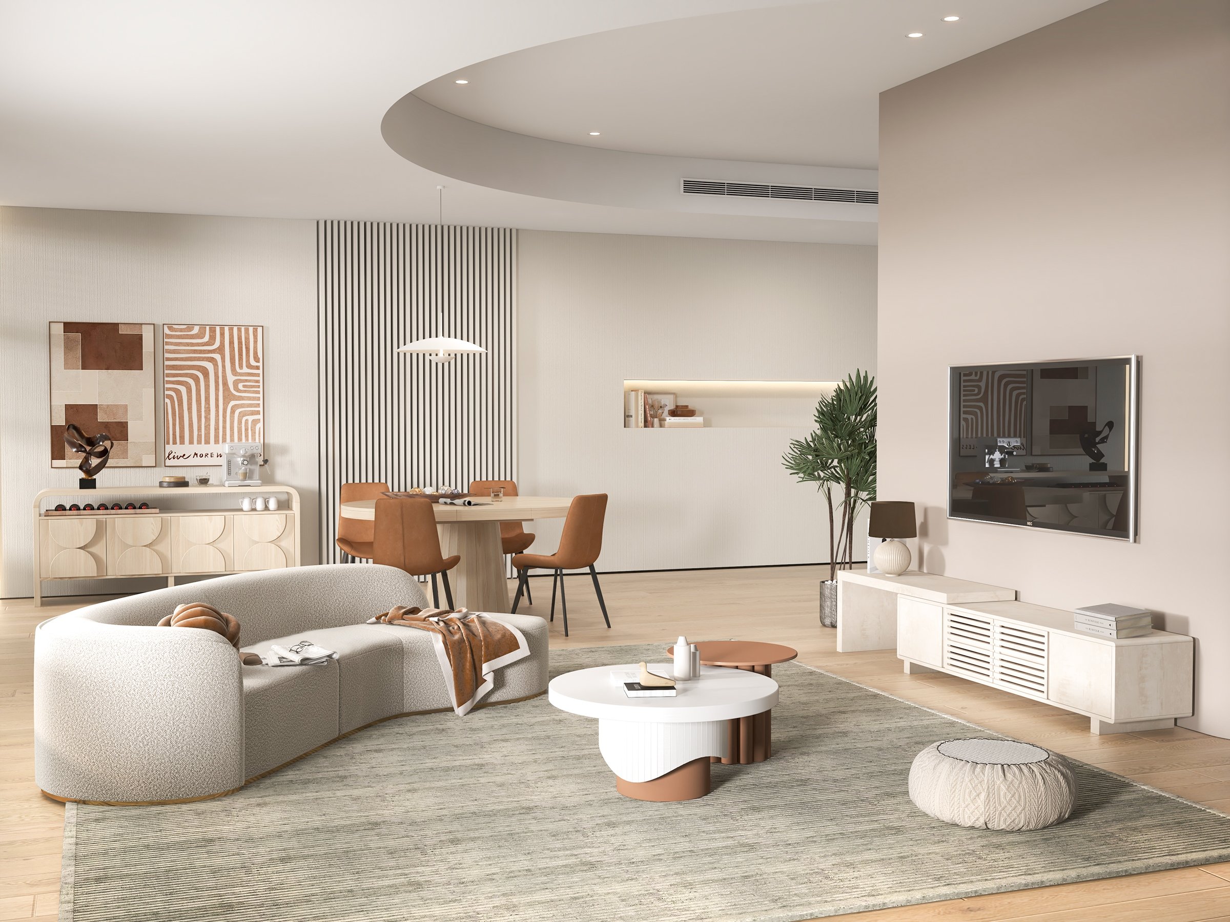 HMR - Yarnic 2-Piece Round Wood Coffee Table Set with Fluted Base in White & Walnut