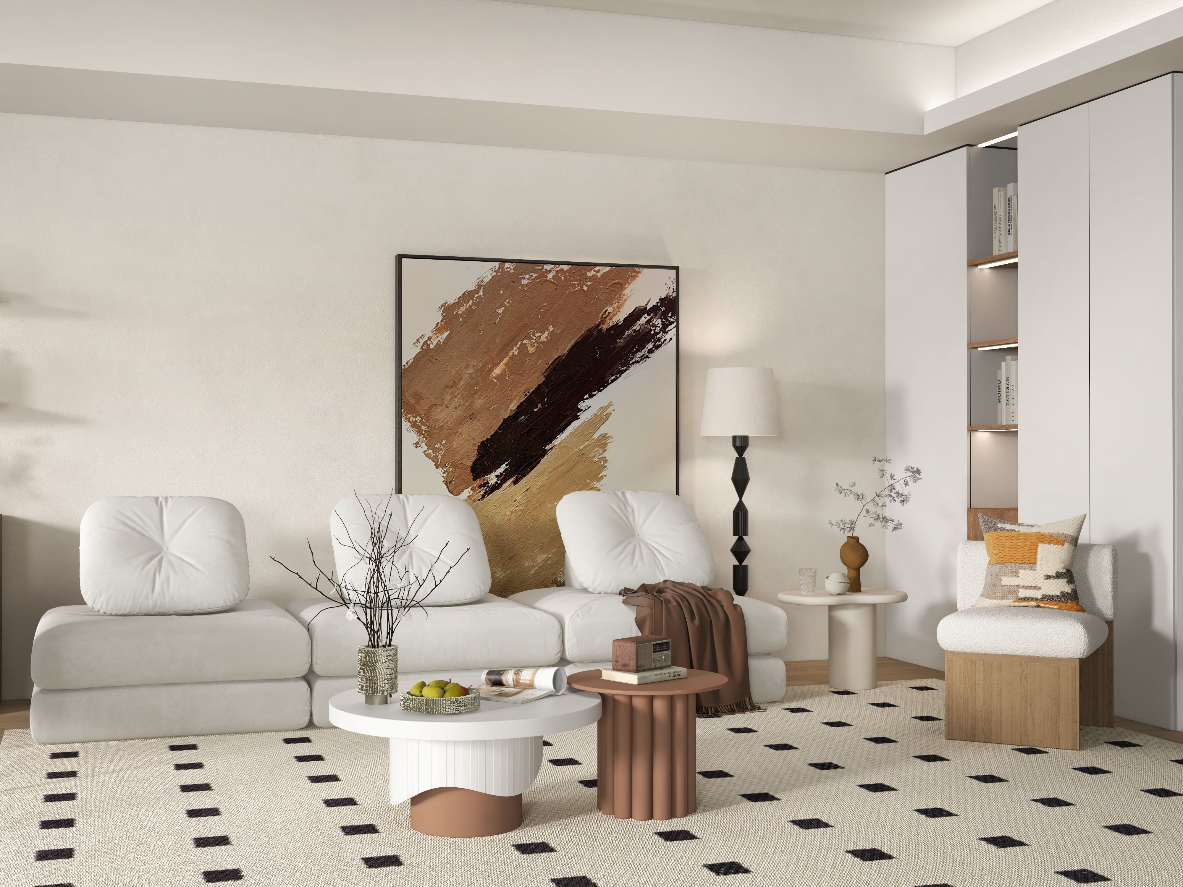 HMR - Yarnic 2-Piece Round Wood Coffee Table Set with Fluted Base in White & Walnut