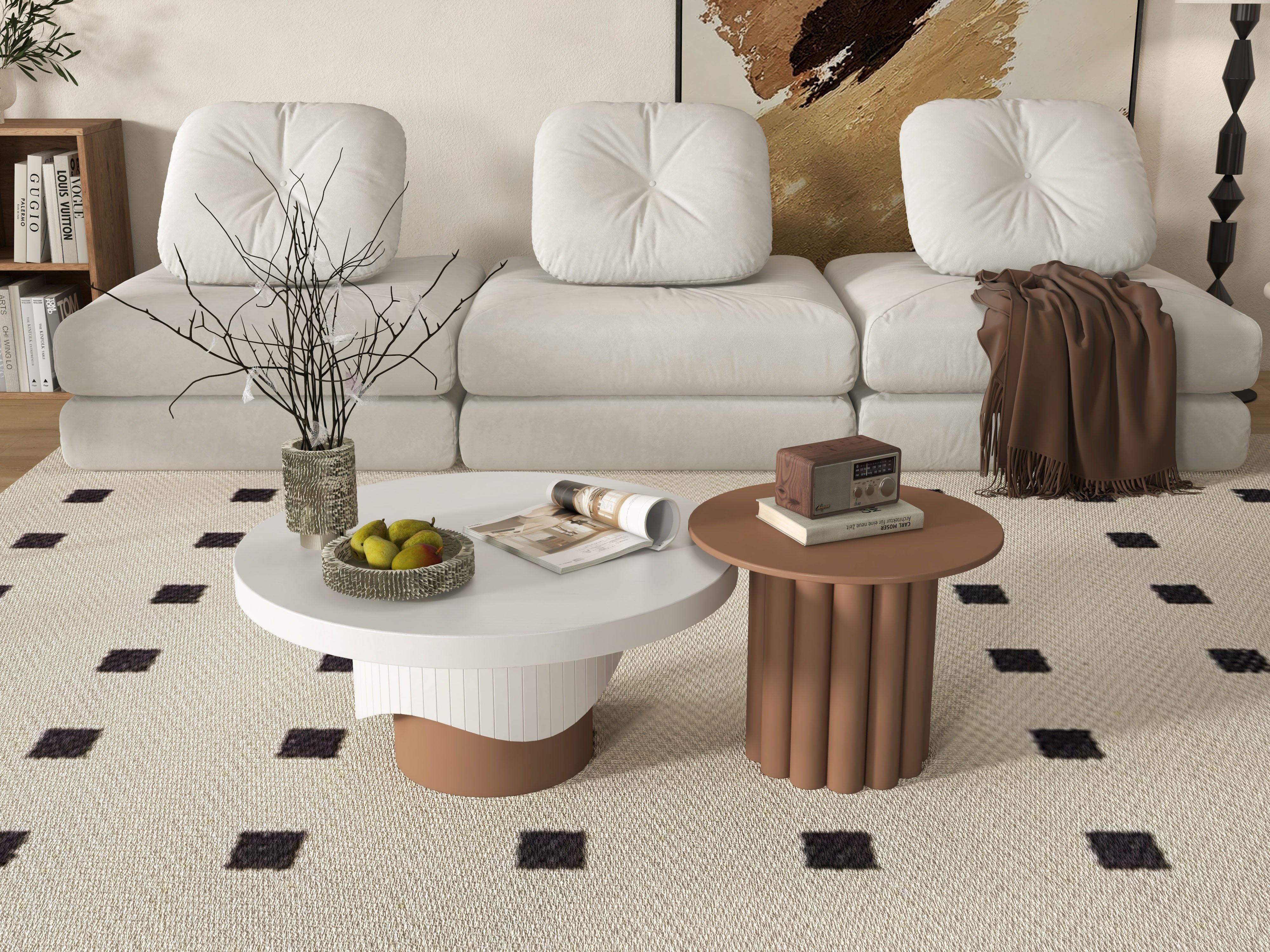 HMR - Yarnic 2-Piece Round Wood Coffee Table Set with Fluted Base in White & Walnut