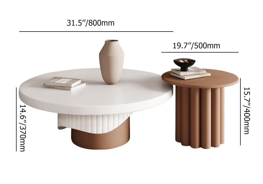 HMR - Yarnic 2-Piece Round Wood Coffee Table Set with Fluted Base in White & Walnut