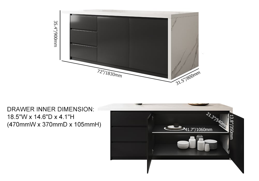 HMR Kitchen Island with Storage - White & Black, 72“/1830mm, Engineered Wood