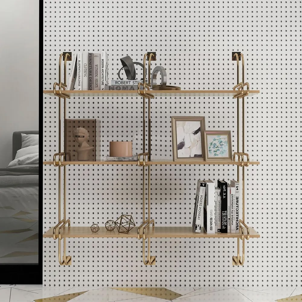 HMR Luxury 3-Tier 59" Floating Shelves Wall Shelf - Natural/Gold, MDF