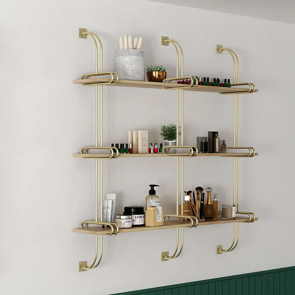 HMR Luxury 3-Tier 59" Floating Shelves Wall Shelf - Natural/Gold, MDF