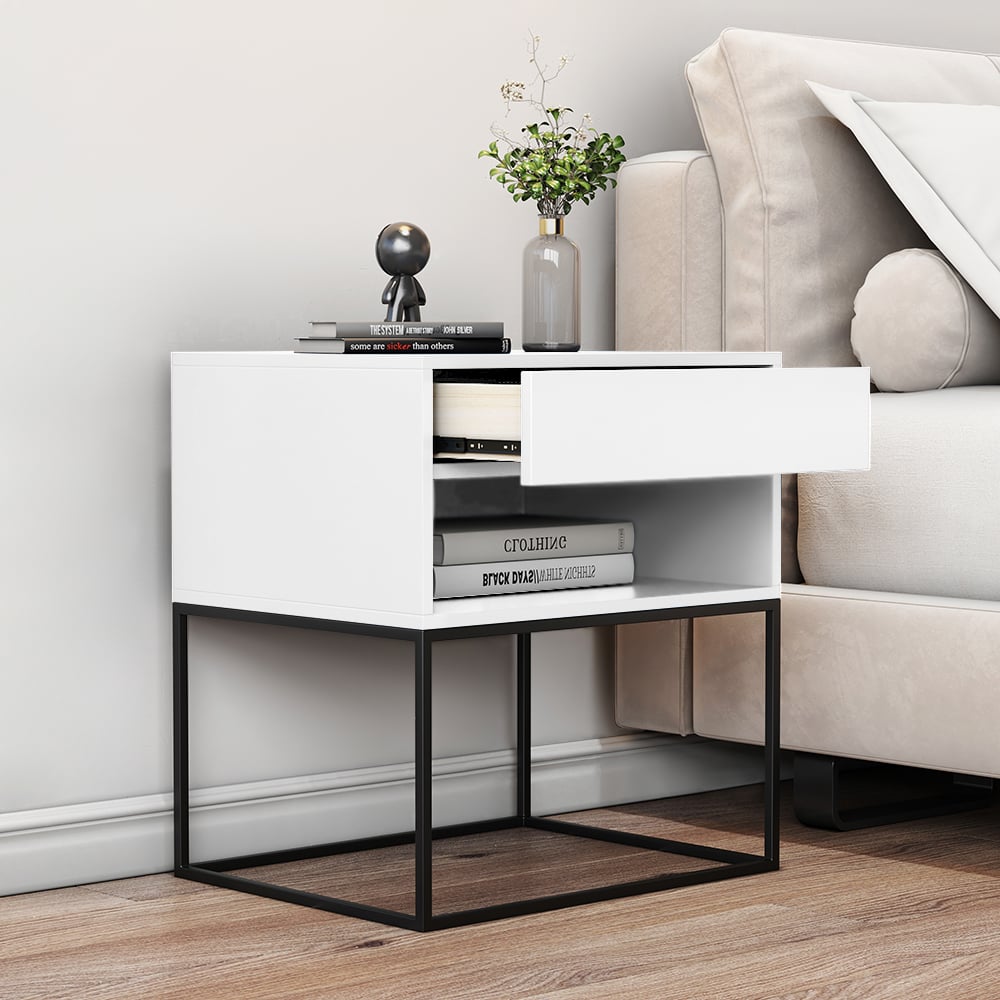 HMR Modern Nightstand with Drawer Bedside Table Metal Base - White