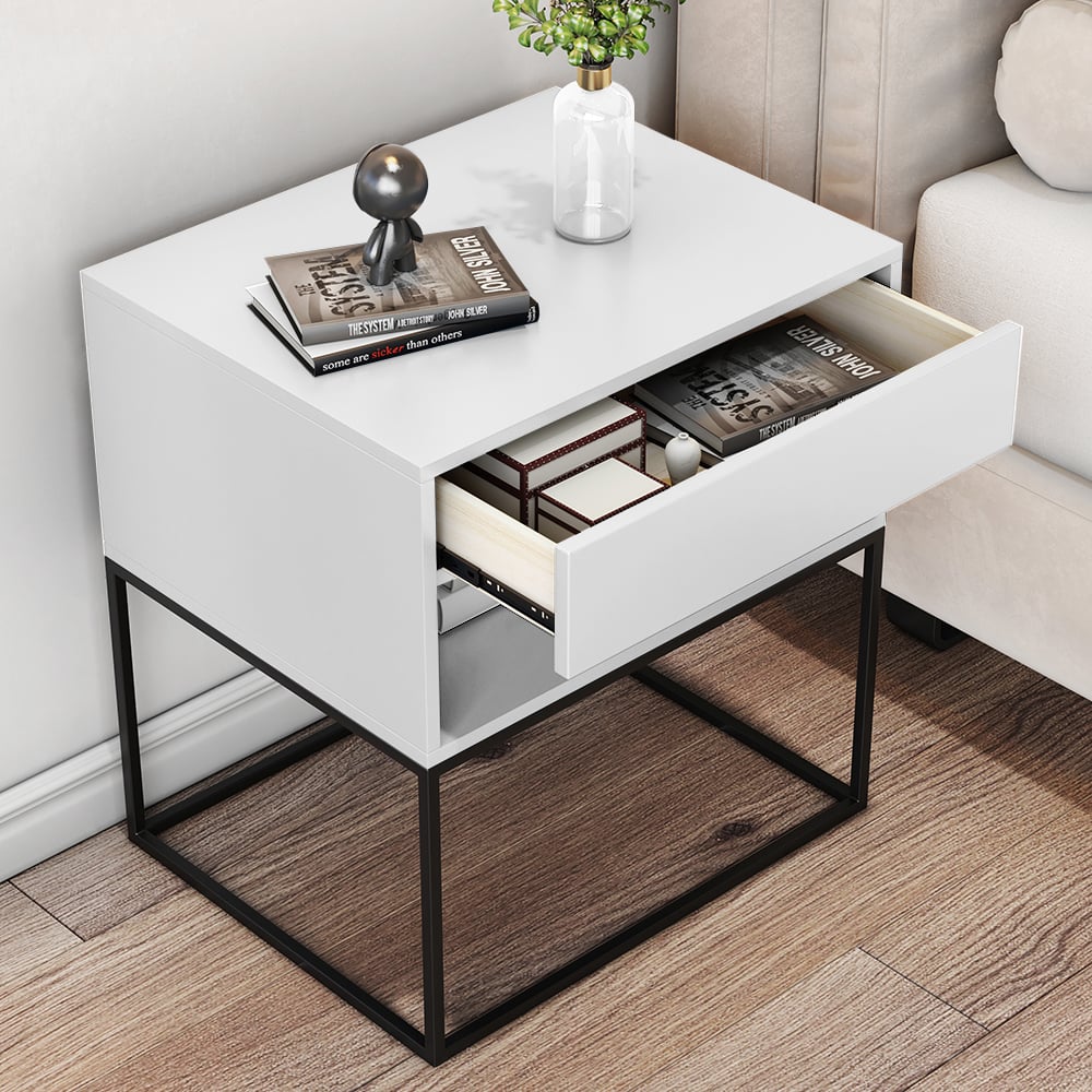 HMR Modern Nightstand with Drawer Bedside Table Metal Base - White