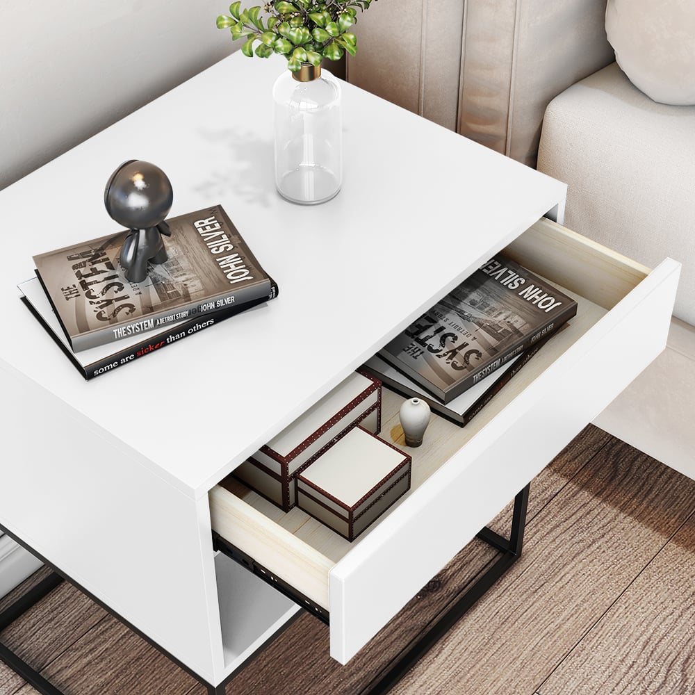 HMR Modern Nightstand with Drawer Bedside Table Metal Base - White