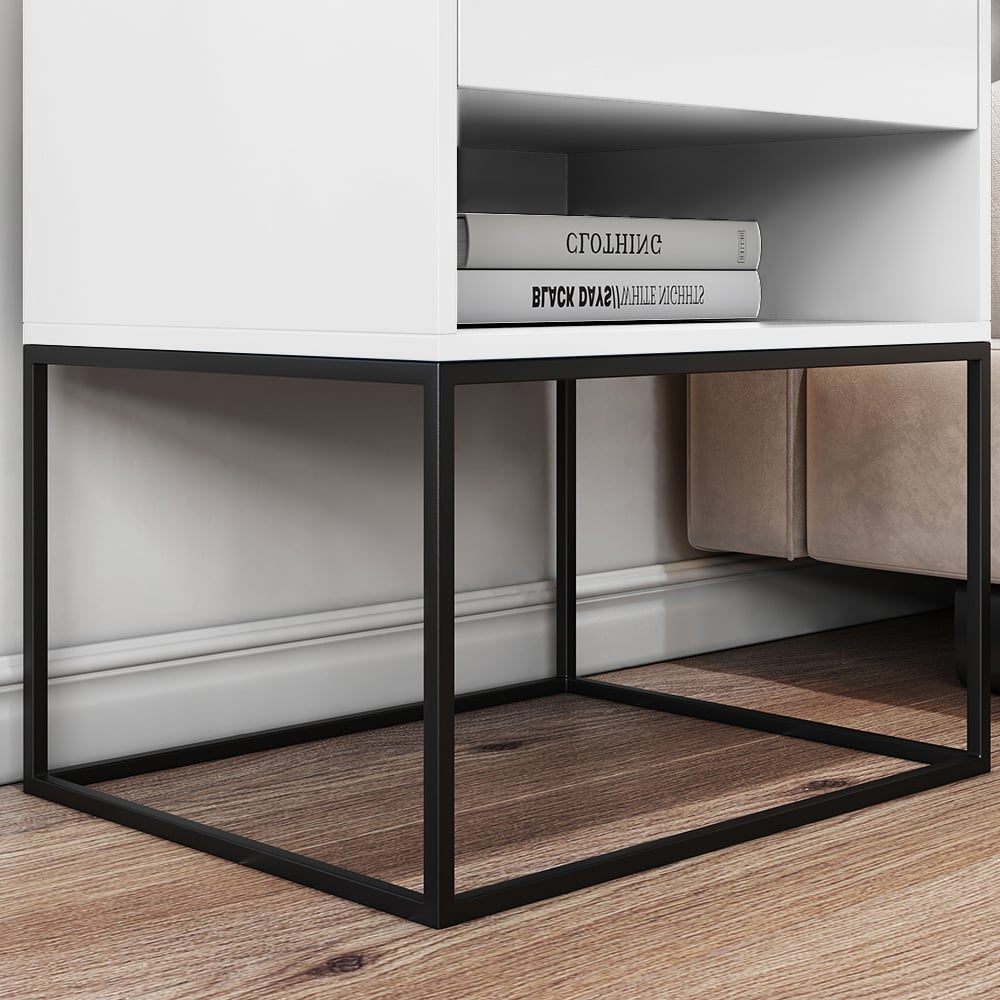 HMR Modern Nightstand with Drawer Bedside Table Metal Base - White