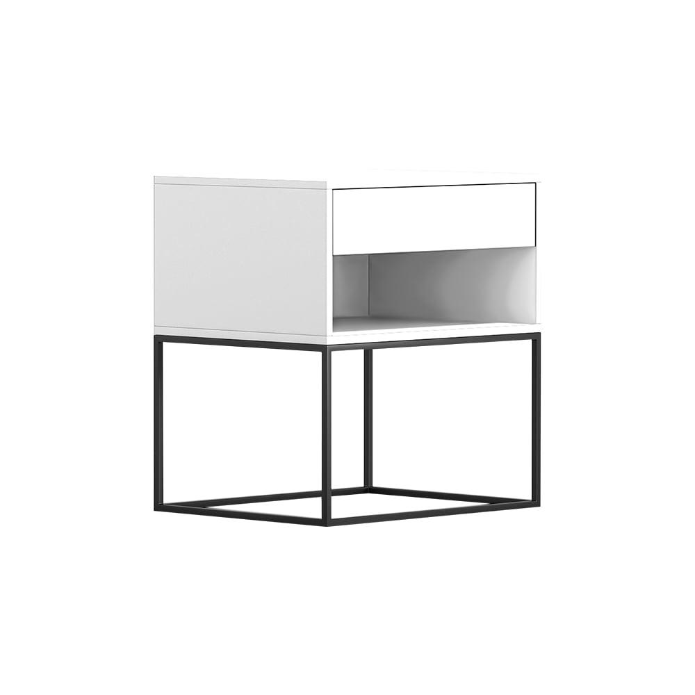 HMR Modern Nightstand with Drawer Bedside Table Metal Base - White