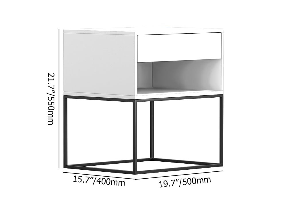 HMR Modern Nightstand with Drawer Bedside Table Metal Base - White