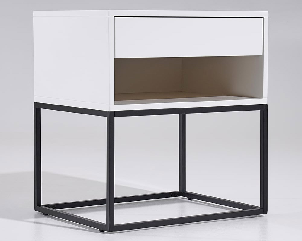 HMR Modern Nightstand with Drawer Bedside Table Metal Base - White