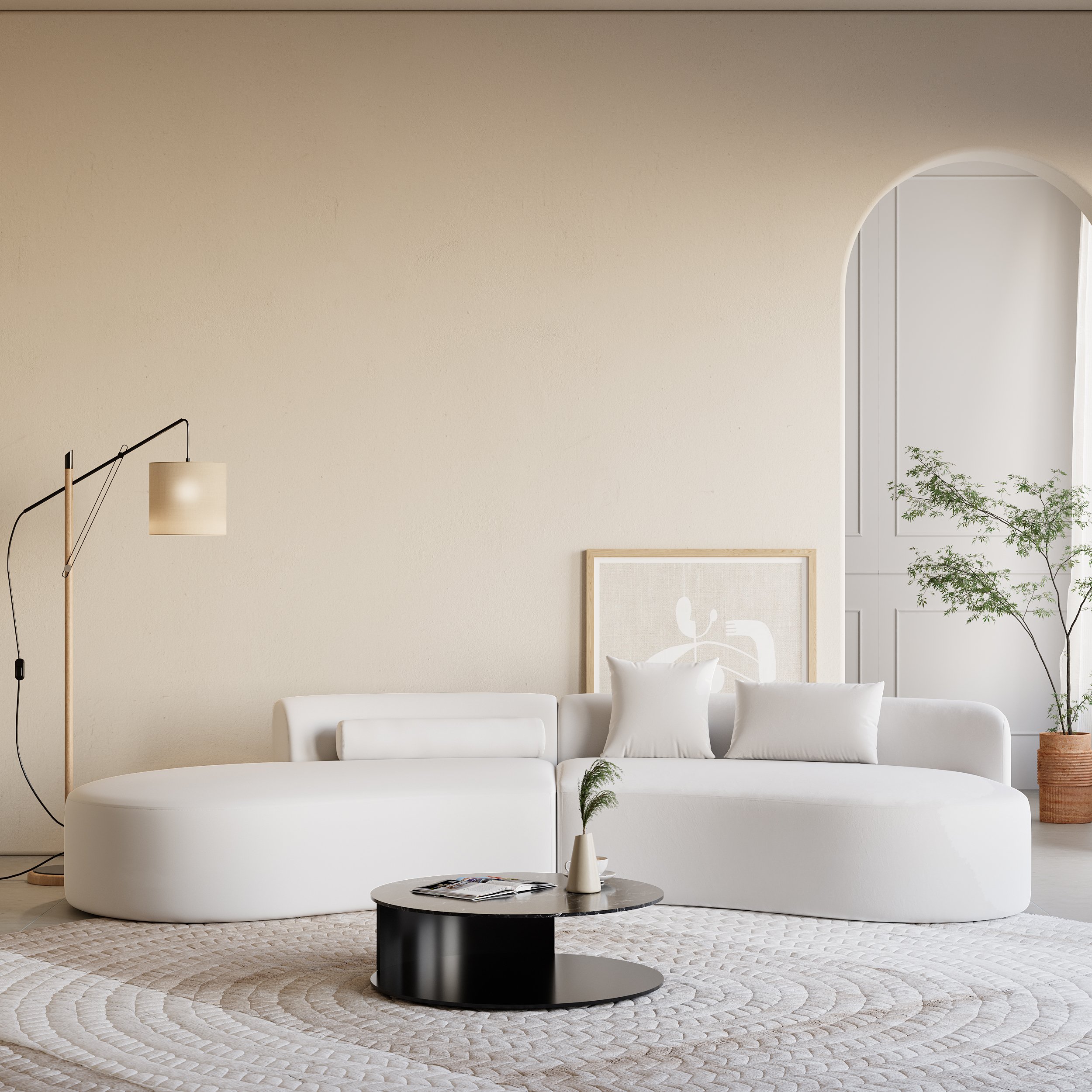 HMR 109" 2-Piece Curved Sectional Sofa with Pillows - White, Leather